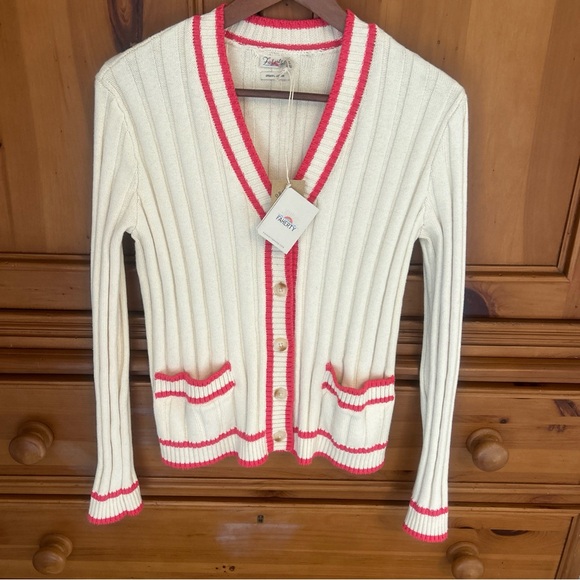 Faherty Game Set XS Organic Cotton Cashmere Rib Cardigan Cream Pink Tennis Prep - Picture 4 of 11